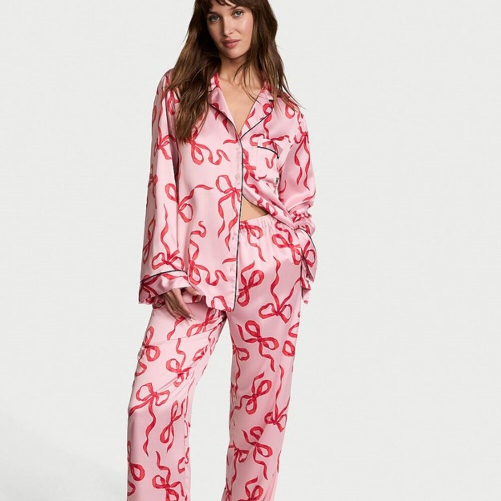 Victoria's Secret  Bow Glazed Satin Long Pajama Set